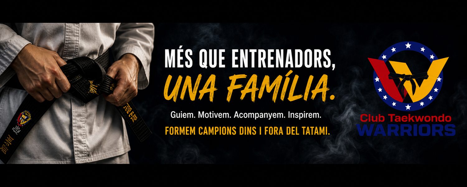 Banner Warriors con cinturón negro, mensaje familiar y logo del club